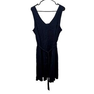 Lands' End Linen Sleeveless V-Neck Midi Dress Tie Waist Navy Blue Women's Size 1